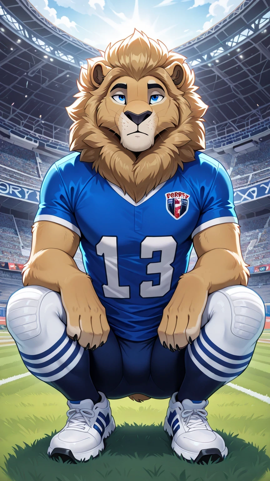 american football stadium background, blue eye, Reflections, full body, Anthropomorphic, Adult lion , without humans, by ango76 , Masterpiece, better quality,very aesthetic, newest, anthropoid, mammal, 1, Clothes, Alone, Porry , Porry Macho, sexist approach , blue eyes, biped posture IN FRONT, leon macho,macho furry, squatting, Posture, squatting claws, lion's ears, high resolution, blue football jersey, white American football lycra tights, white sneakers, lion's cola, front view, Alone