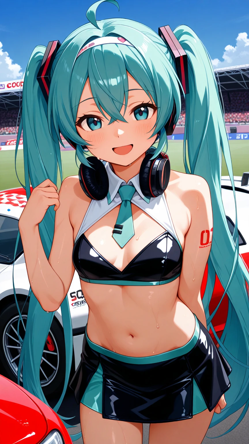hatsune_miku, race queen, bare legs, belt on right leg, beautiful stomach, stylish, cool, noon, bright, perfect hand, super delicate, ultra detailed, 8k