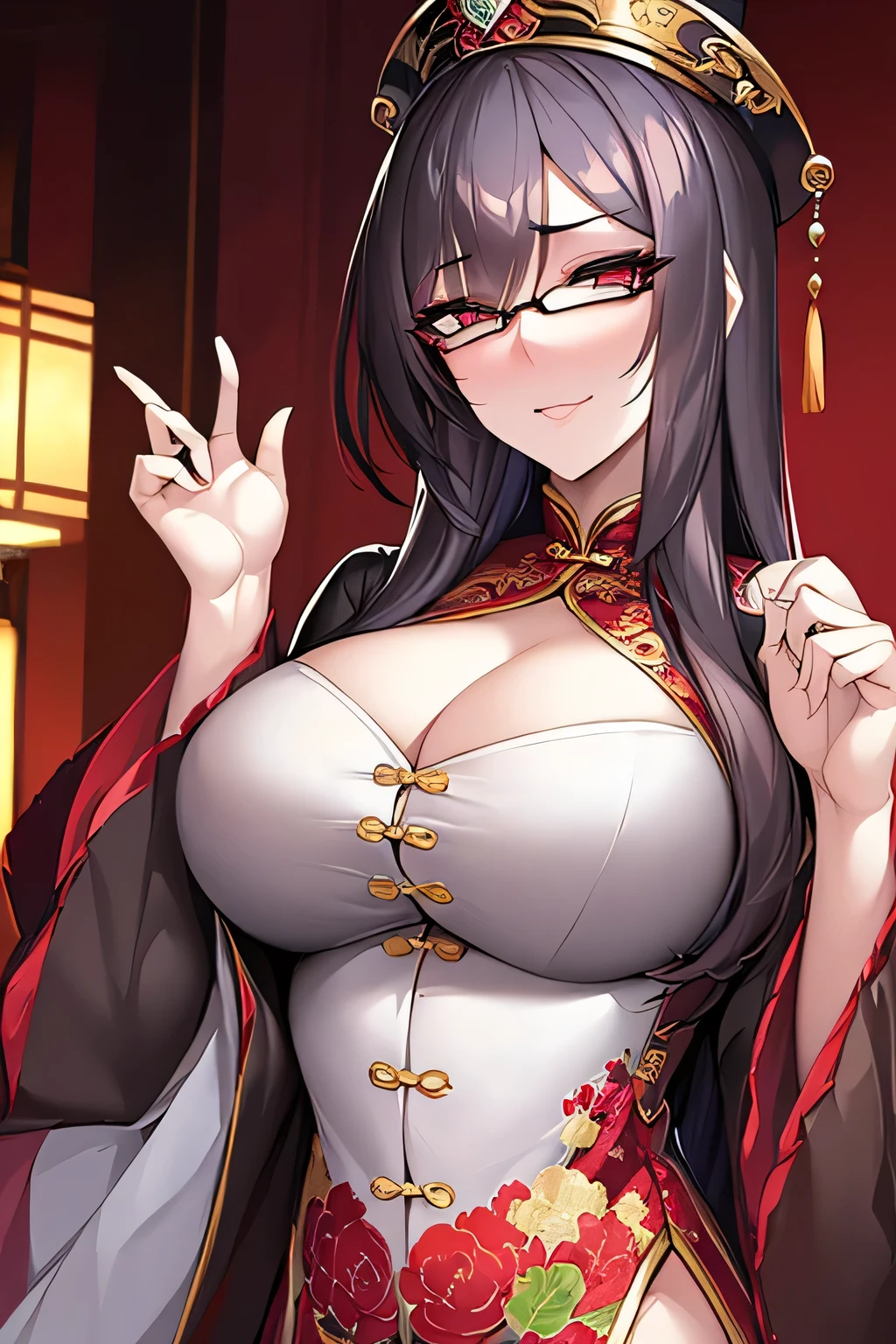 Chinatown at night,Red dress, chinese clothes, cleavage cutout, clothing cutout, bare shoulders,
semi-rimless eyewear,((Black lace bra)),shirt lift,show off bra,toned stomach,
black hair, very long hair, ponytail,bangs,purple eyes,hair ornament,
1 girl, 20yo,Young female,Beautiful Finger,Beautiful long legs,Beautiful body,
Beautiful Nose,Beautiful character design, perfect eyes, perfect face,expressive eyes,perfect balance,
looking at viewer,perfect lighting,Colorful, Bright_Front_face_Lighting,White skin,
(masterpiece:1.0),(Best_quality:1.0),
(Beautiful,large_Breasts:1.2),(ample breasts),big tits,skinny body,cleavage,(Emphasize cleavage),((breast squeeze)), sweat,breath,steam,blush,Estrus,(beautiful_face:1.5),(narrow_waist),Beautiful illustrations,Black tights,from below,(hands on breasts),Crush the chest,Clamping breasts with arms
