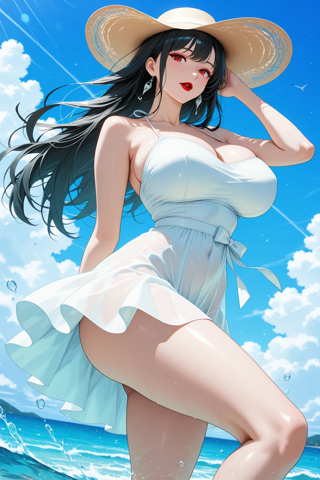 beautiful woman, beautiful smile, on a day of strong wind that raises her dress, leaving her legs bare and showing her panties, with a breast in the air