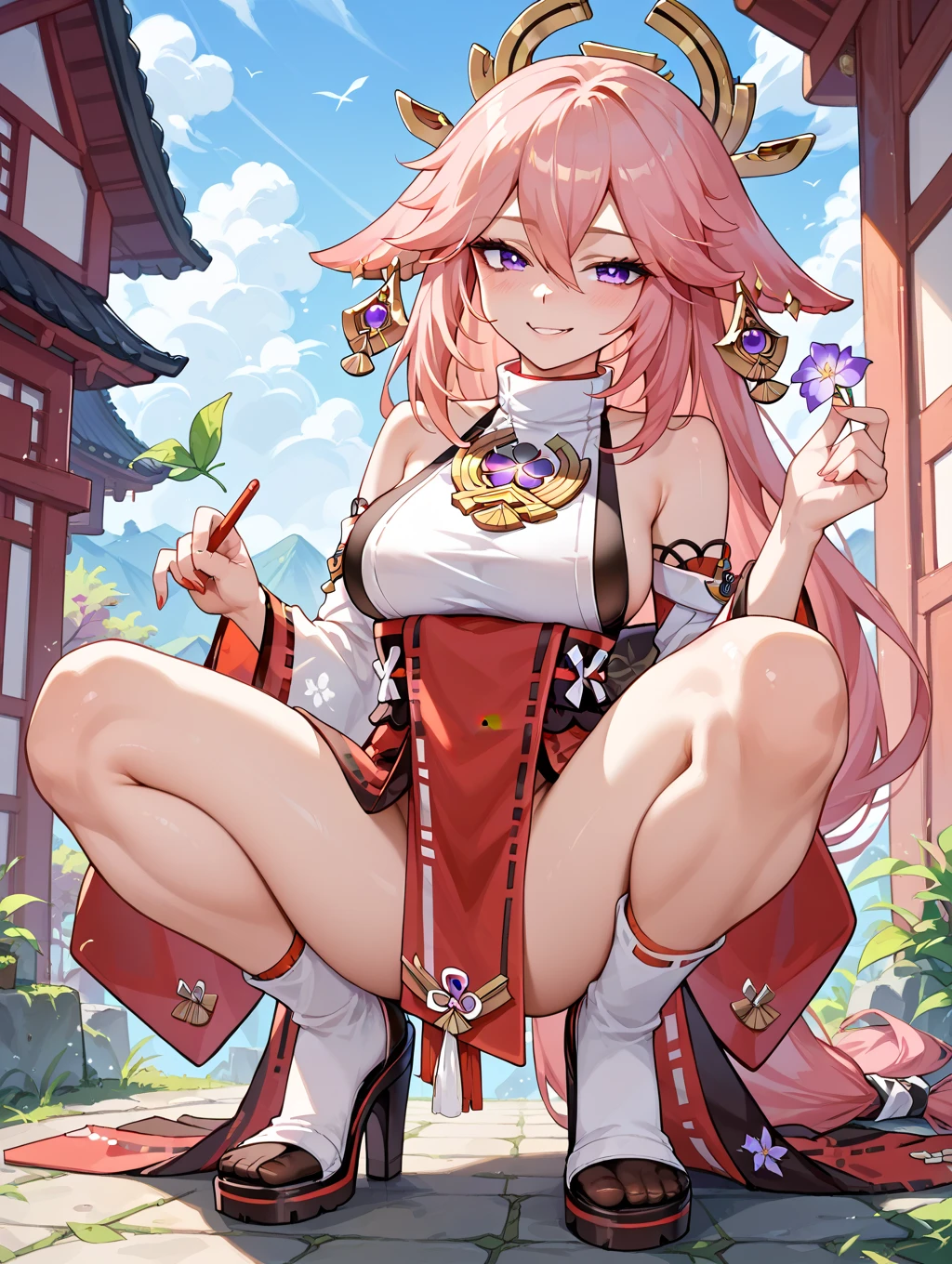 Yae Miko, Genshin Impact, kimono, 1 leg raised in the air, sitting on a table