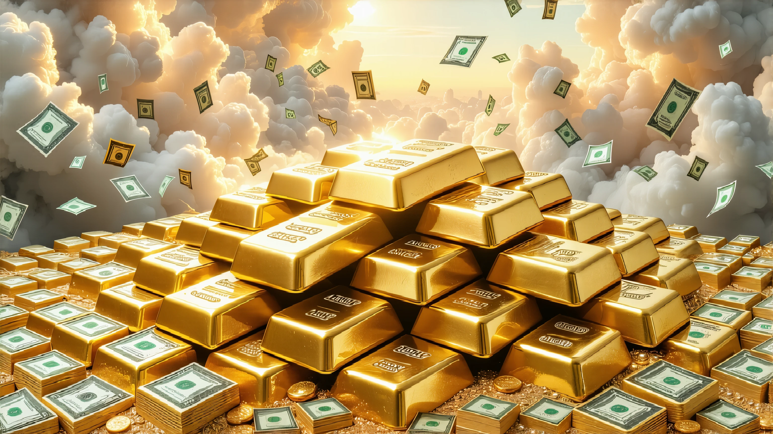 A heavenly room atmosphere of sky with white clouds with several stacks of realistic 24k gold bars with thousands of realistic dollars falling from above in the air ultra realistic all over the walls are piled up to the top piles of 24k, gold bars have many realistic dollar bills flying in the air many piles of dollars piled on the sides open chest gold on the floor full of realistic jewelry many realistic diamonds dropped on the floor various sizes abundance flow of infinite wealth make cover for YouTube