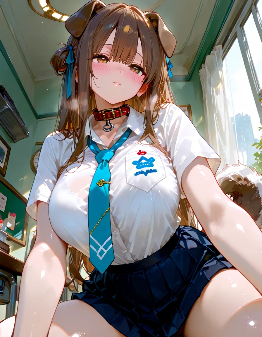 8k, A masterpiece of softcore pornography shot by Kishin Shinoyama, Thought-out pose, RAW Photos, Perfect balance, (Ultra-thin contour lines), (1 person), Anime, Highlight Eye, shining brown hair, Professional Lighting, (Glowing Skin: 1.2), shiny big, ((Highest quality)), Sharp focus: 1.2, Highly detailed face and skin texture, fine grain, Perfect Face, Perfect body, Blur Art, CG, background, Beautiful breasts, in front (Cool and beautiful face), wear ((nsfw uniform)), thigh), blush, (Porn Cosplayer), (Camel Toe, Dirty white panties), Gravure idol style panty exposure, She hiked up her skirt to escape the heat...、I sat at the desk with my knees up....。., My favorite, Browsing Caution, Focus on the crotch,