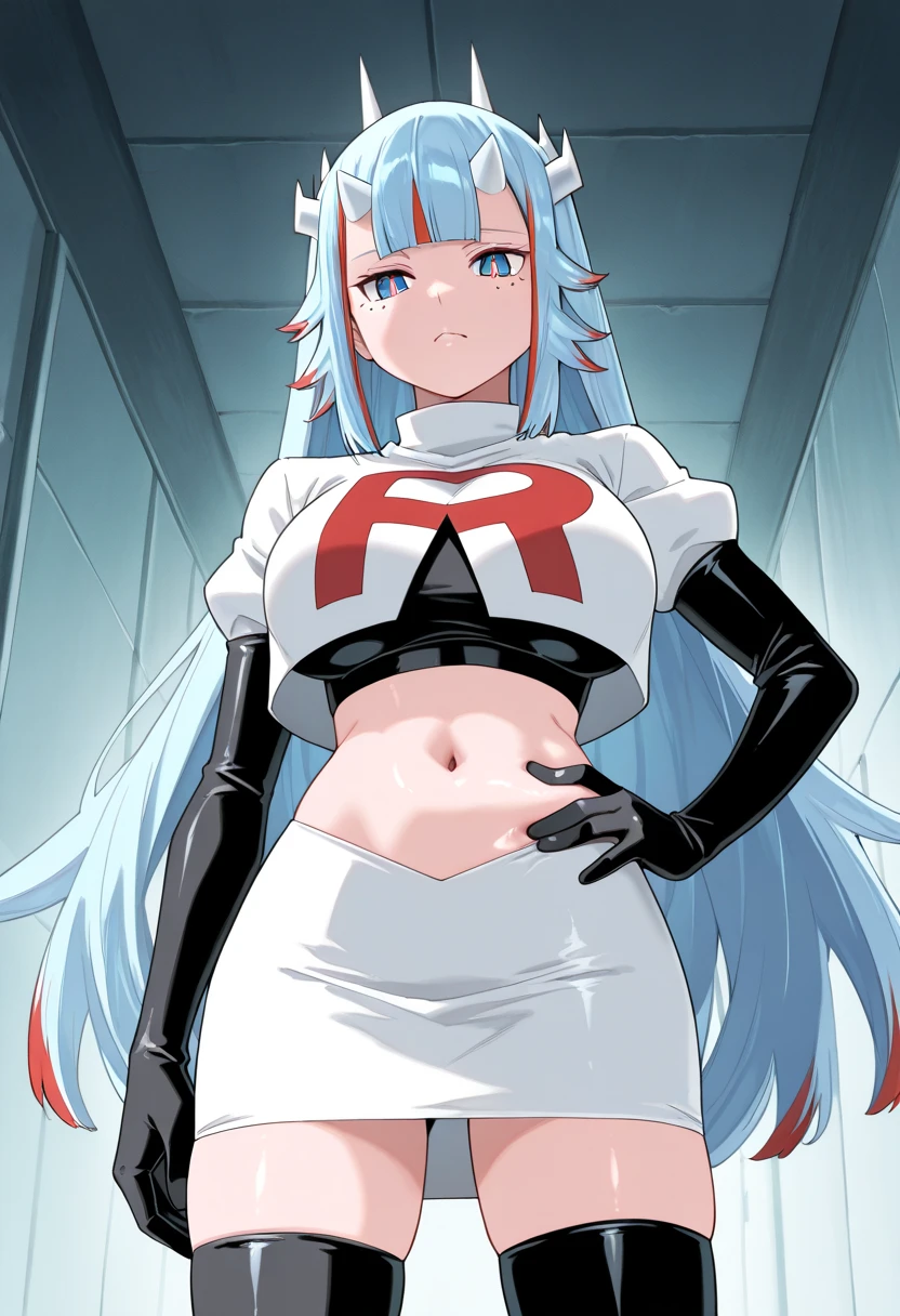 (extremely detailed CG unity 4k wallpaper),(masterpiece),(best quality),(ultra-detailed),(best illustration),(best shadow),(absurdres),(detailed background), Esdeath, 1girl, breasts, long hair, blue hair, blue eyes, large breasts, very long hair, nature, forest, tattoo, mature woman, team rocket,team rocket uniform, red letter R, white skirt,white crop top,black thigh-highs,black elbow gloves