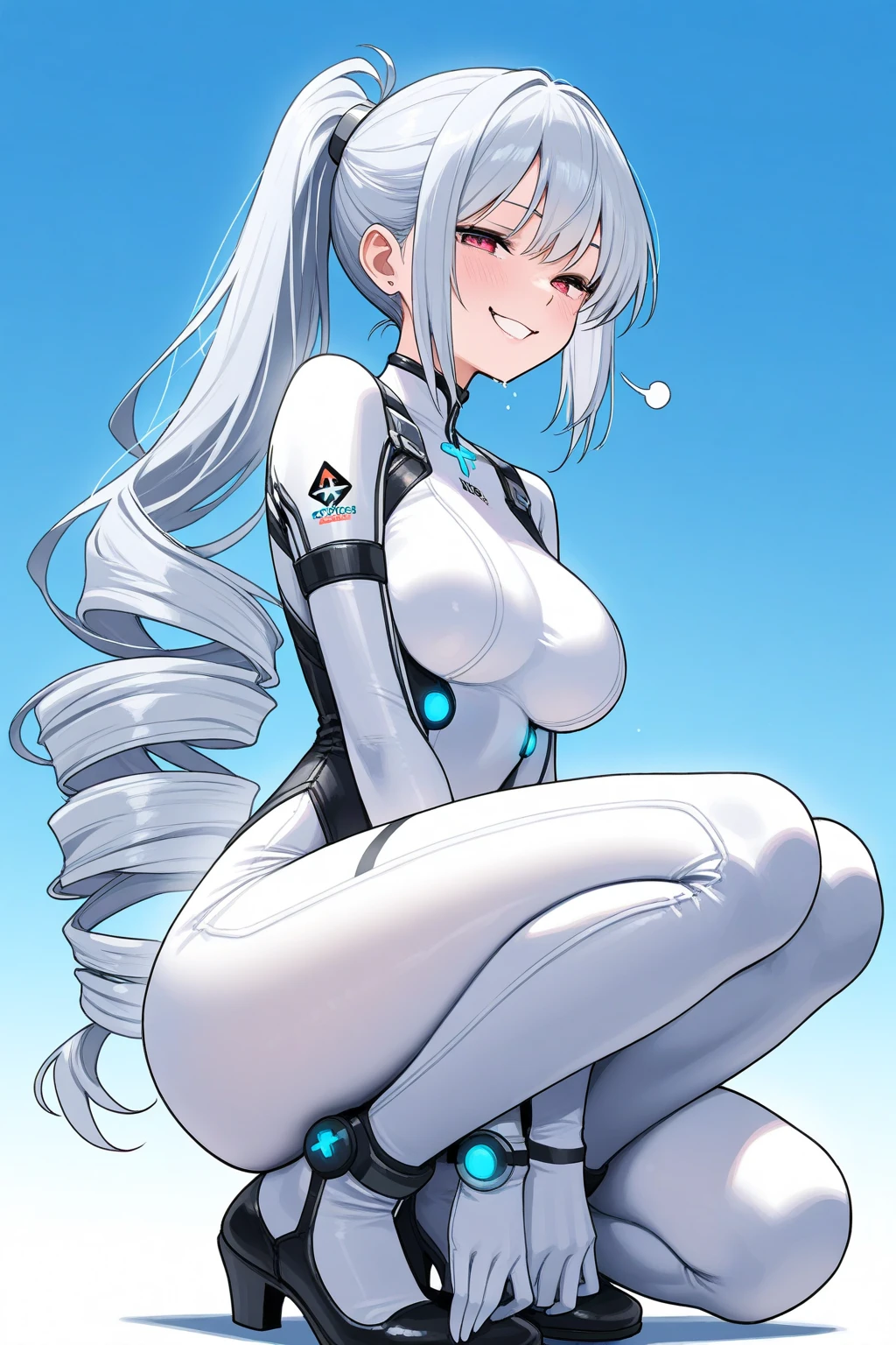 white girl, slim body, white hair, in a pink skintight body suit, in a home, with bunny ears,
