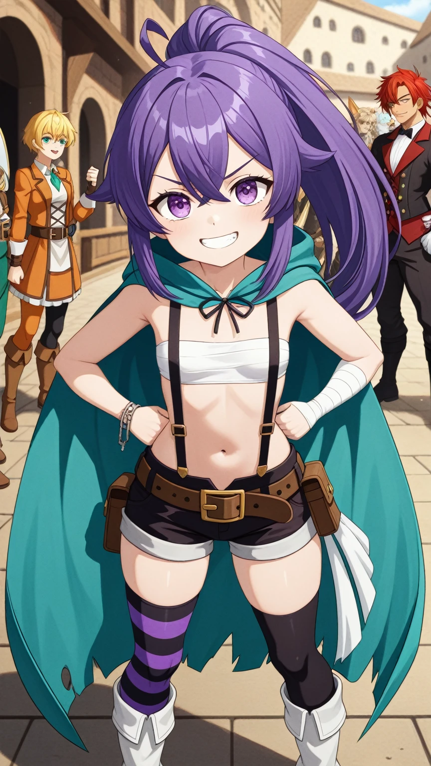 rating_safe, score_9, score_8_up,score_7_up, flat colors, flat shadows, anime screencap, 1 girl, Ren: gloves, thighhighs, underwear, panties, cameltoe, belt, elbow gloves, white panties, outdoor, in palace, from below, looking on viewer, waving at viewer