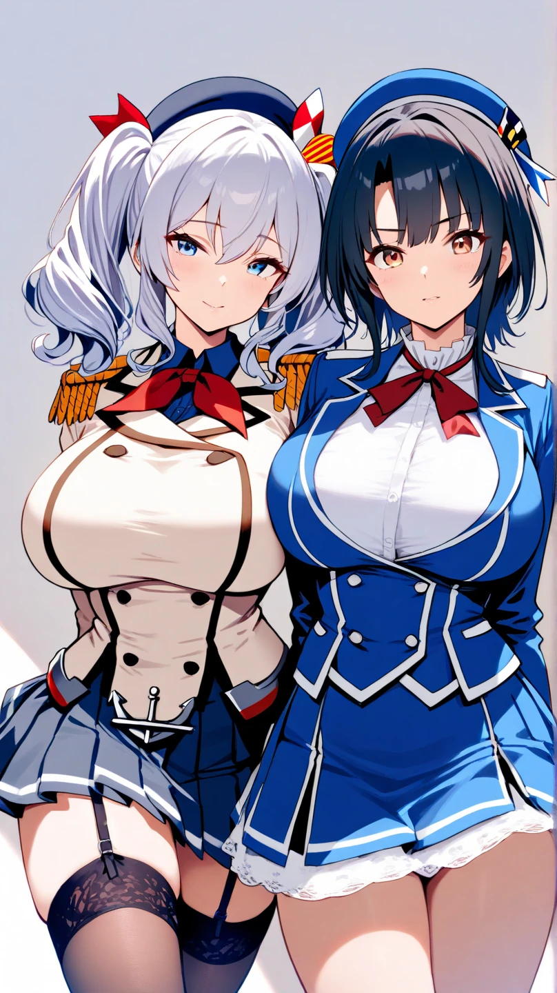 (best quality, In 4K, 8K, High resolution, muste piece:1.2),Super detailed, (Reality, photorealistic, photorealistic:1.37),2girls,30 year old woman,ripe woman,Mature woman,,muste piece, Top quality, Ultra-fine,maximum resolution, Extremely detailed, sexy,(white Imperial Outfit,silver Armor,holy knights,thigh high socks,huge breasts,groin,helm,white leotard,cape,one knee)),thong,Cord,blue hair,Seductive thighs,standing,blade in hand,cowboy shot,in throne room