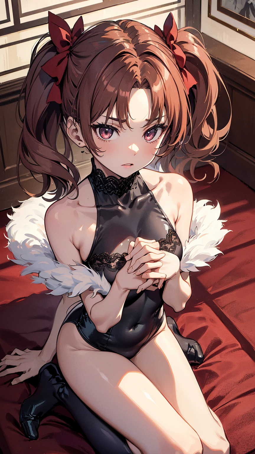 1 girl, nishino flower \(umamusume\), yellow lingerie, yellow panties, garterbelt with yellow stocking, laying top of bed, bedroom, wet, drenched, nipple perked out from under bikini, nipple see through bra, embarrassed,