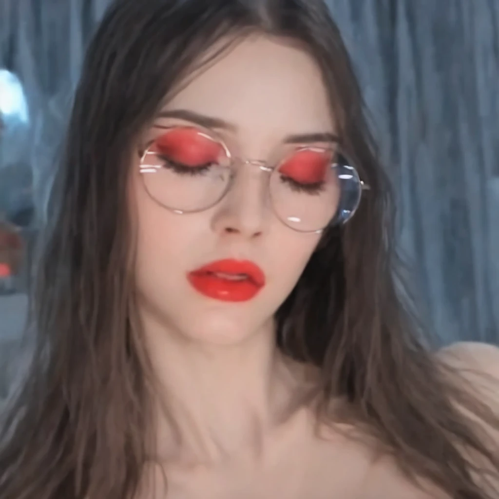 blurred background, long hair, eyes closed, Teeth, round lenses, eye shadow, lunar under the eye, interiores, Red lips big  staring at me while touching her 