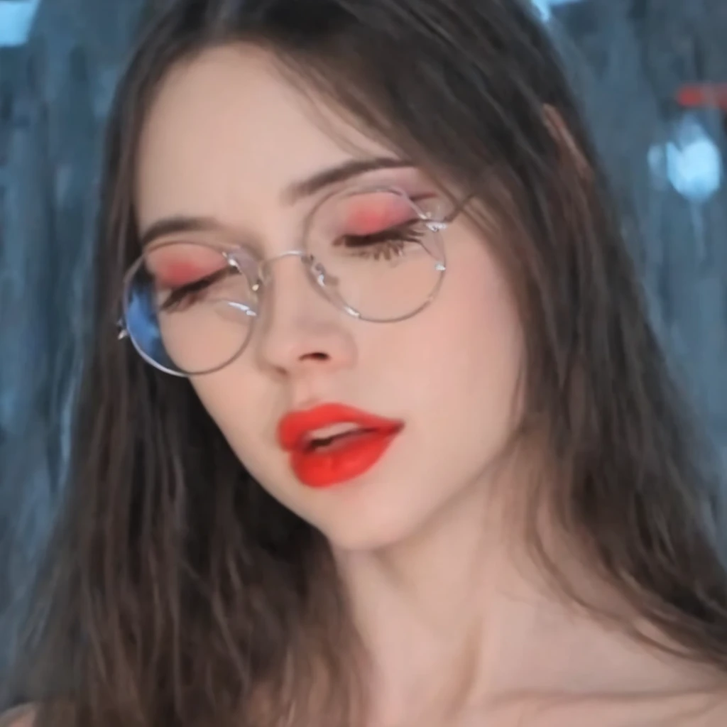 blurred background, long hair, eyes closed, Teeth, round lenses, eye shadow, lunar under the eye, interiores, Red lips big boobs staring at me while touching her pussy