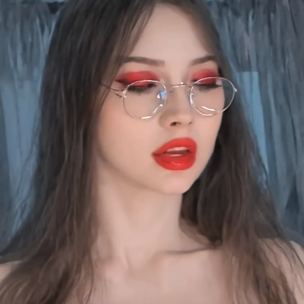 blurred background, long hair, eyes closed, Teeth, round lenses, eye shadow, lunar under the eye, interiores, Red lips big boobs staring at me while touching her pussy