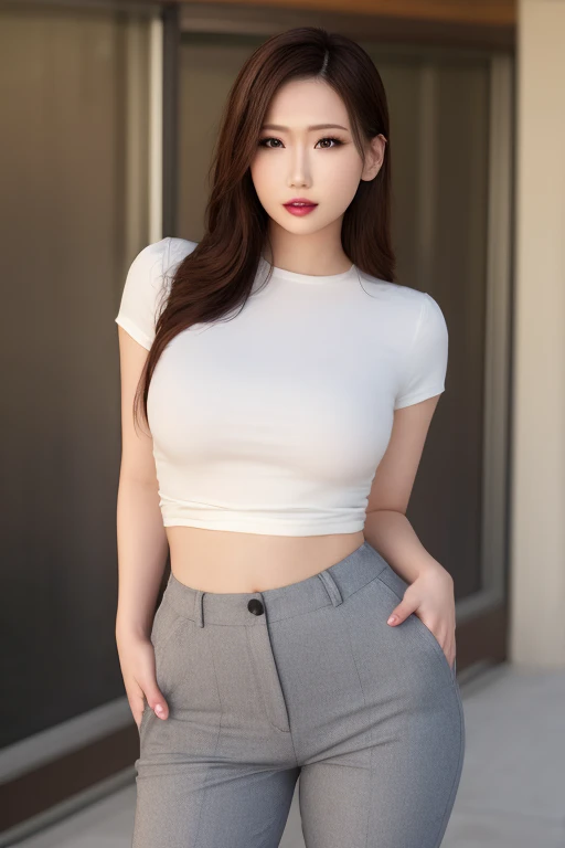 (masterpiece, best quality，High resolution, Super Detail：1.2), 1 Girl, Solitary，Wearing T-shirt，Hip skirt，Place your hands crossed on the table，Lean forward