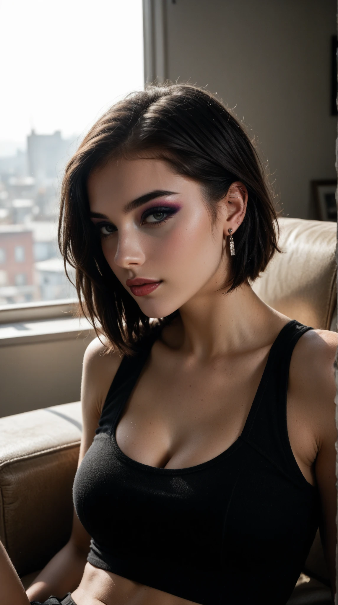 beautiful girl with black Asian hair, short bob haircut, curly hair, sexy, pale skin, gaunt, very realistic. night time, black dress