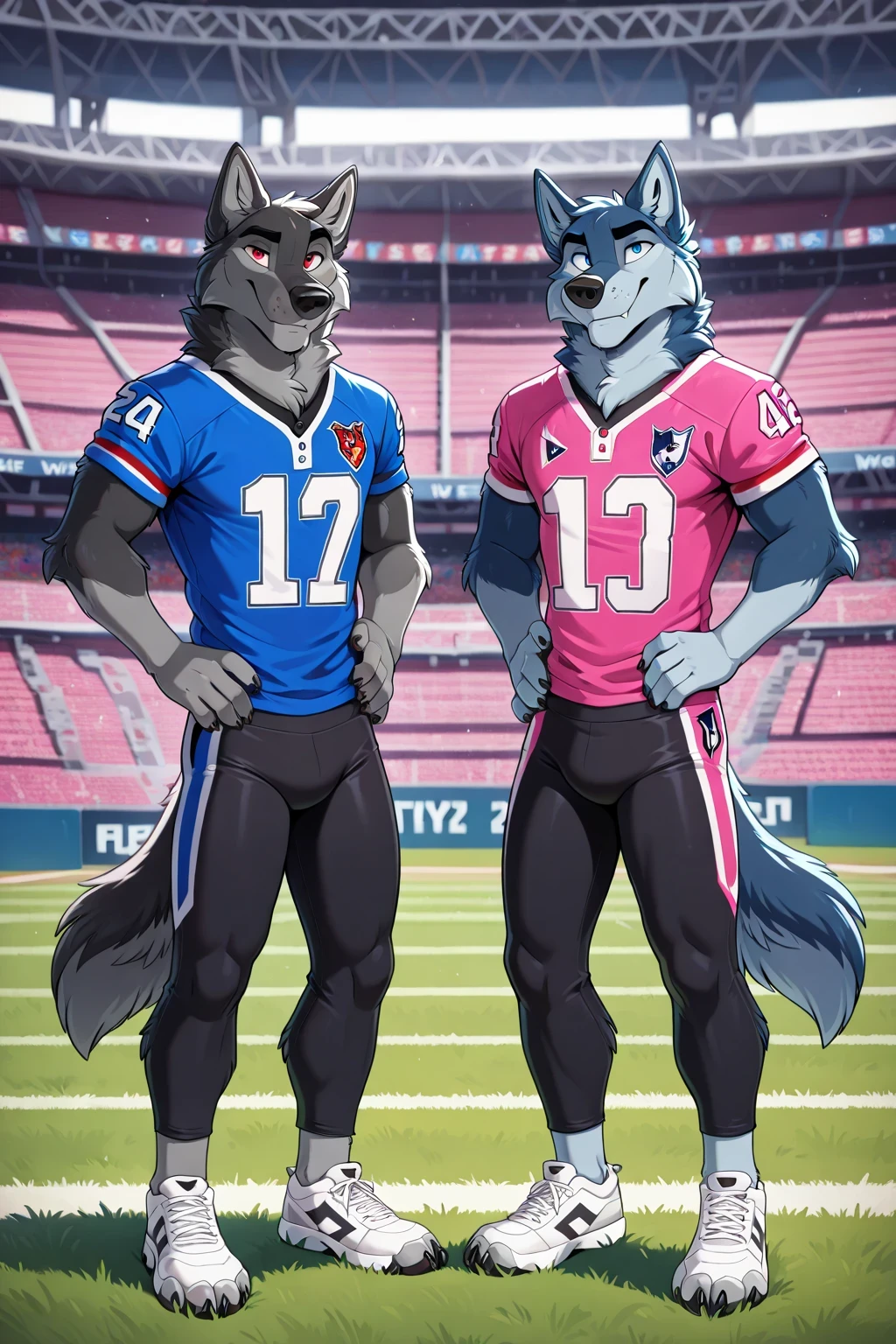 american football stadium background, red eyes, Reflections, full body, Anthropomorphic, Adult Wolf, without humans, swimsuit by ango76 , Masterpiece, better quality,very aesthetic, newest, anthropoid, mammal, a child, Clothes, Alone, wolf Macho , Blue eyes , Male Wolf, male furry black wolf , claws, animal ears, high resolution, pink american football jersey, black spandex leggings, white sneakers, wolf tail, Front View of the Spectator , On Two Legs Pose, hands on waist , seductive expression , Male, male wolf, males