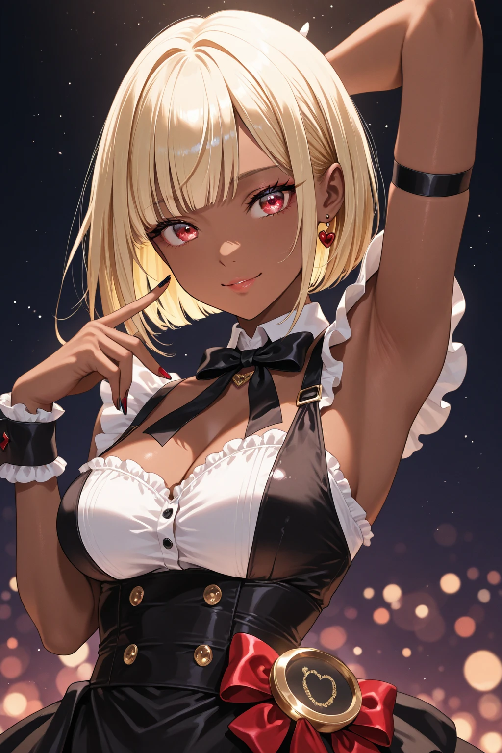 sexy futanari woman, black bunny outfit, black bunny ears, White collar, red bow tie, Black leather corset, (dent in the skin:1.4), showing cleavage, red leather gloves, fishnet stockings, crawling out of the birthday cake, dynamic pose, whole body, runny makeup, after sex, slave, ahegao, vum on breasts, cum om face, licking cum, bukkake, white skin