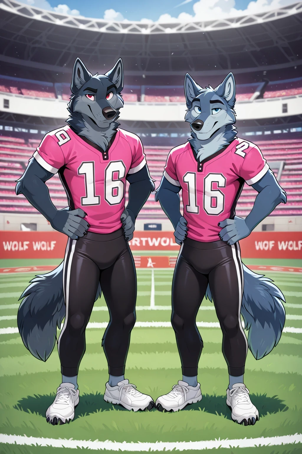american football stadium background, red eyes, Reflections, full body, Anthropomorphic, Adult Wolf, without humans, swimsuit by ango76 , Masterpiece, better quality,very aesthetic, newest, anthropoid, mammal, a child, Clothes, Alone, wolf Macho , Blue eyes , Male Wolf, male furry black wolf , claws, animal ears, high resolution, pink american football jersey, black spandex leggings, white sneakers, wolf tail, Front View of the Spectator , On Two Legs Pose, hands on waist , seductive expression , Male, male wolf, males