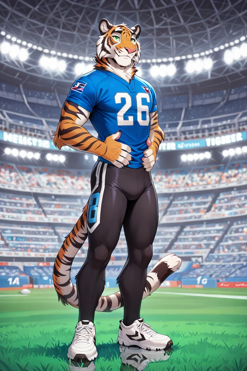 tiger , green eyes, Reflections, full body, Anthropomorphic, Bengal Tiger Adult, without humans, by ango76 , Masterpiece, better quality,very aesthetic, newest, anthropoid, mammal, 1, Clothes, only Male , men's american football stadium background, hairy male tiger,claws, tiger ears, high resolution, blue american football jersey, black spandex tights, white sneakers, tiger tail, seen in front of the spectator , On Two Legs Pose, hands on waist , seductive expression