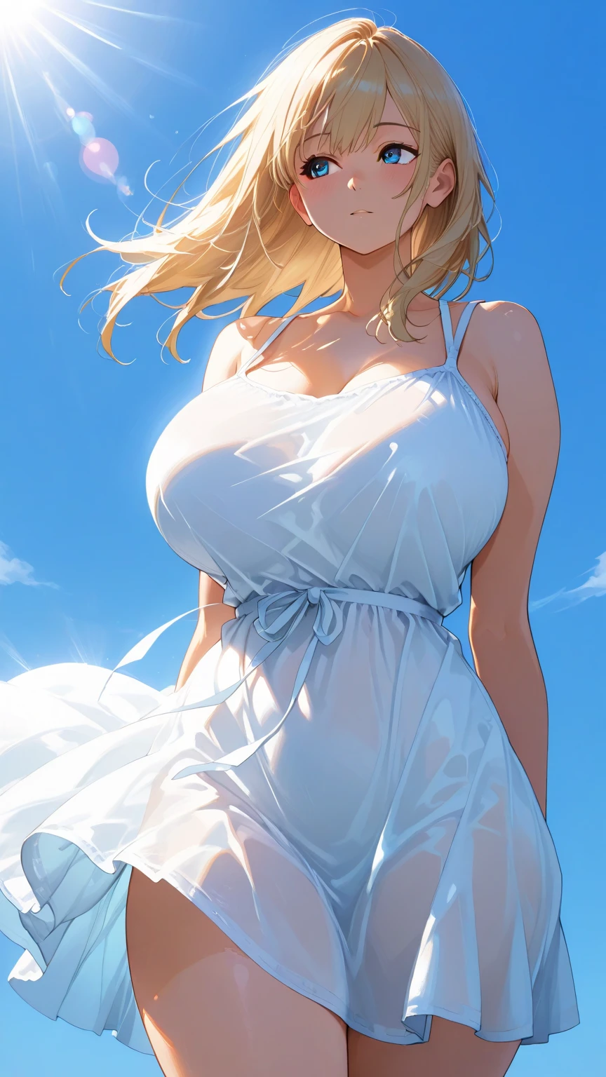 (Masterpiece, Best quality, ultra high resolution),1girl, dark brown skin, blue eyes, blonde hair, large breasts, thick thighs, twintails, white summer dress, beautiful and detailed face, detailed eyes, detailed nose, sweating, beach background, arms up revealing sweaty armpits