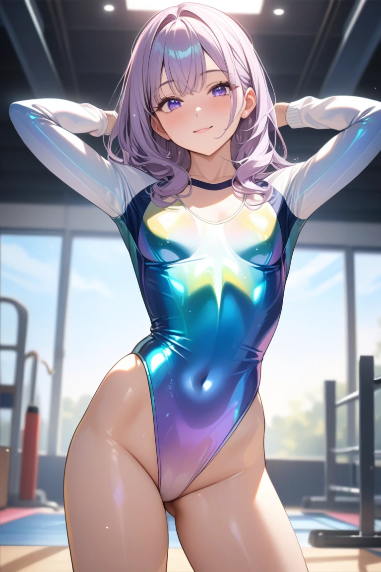 highquality illustration, masterpiece, very delicate and beautiful, attractive girl,(gymnastics leotard, Floral patterns leotard,long sleeve leotard with glittery decoration,high_leg leotard,athletic leotard,tight-fit leotard,iridescent gradient leotard),thin,slender body,slim,high school,gymnasium background,gymnastics club,gymnastics athlete,princess, beautiful eyes,light smile,(masterpiece, best quality:1.2), highres, extremely detailed CG unity 8k wallpaper, perfect lighting, Colourful, ultra-high res,4K,ultra-detailed, photography, 8K, HDR, 17 ages,
