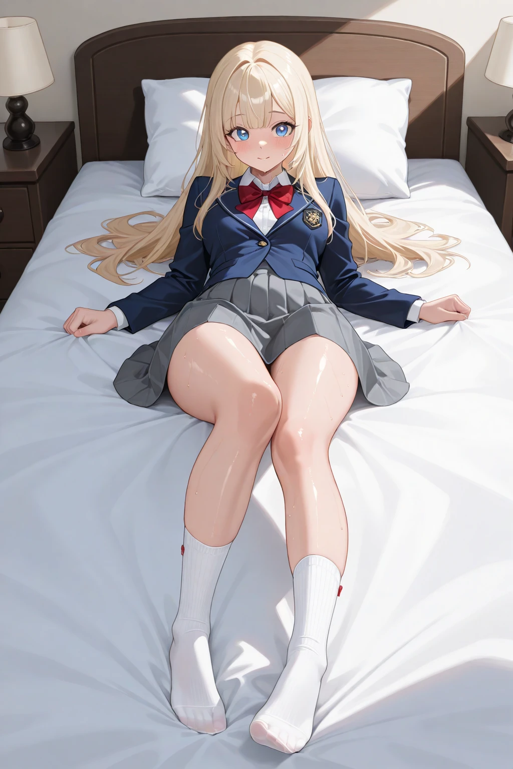(Masterpiece, Photorealistic, high resolution), ((1girll):1.2), (Masterpiece, Photorealistic, high resolution), ((1girll):1.2), a teenage girl (Loose Red shirt, Laces panty (medium of breast):1.2, thighs), on top of the bed, lie on the bed, Cute or adorable kids laces panties, visible panty lines, Pants are Wet, stockings, tears in eyes