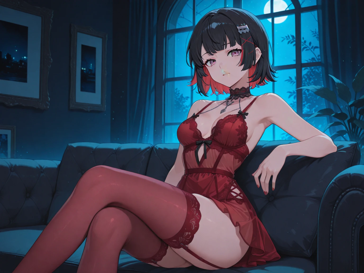 ((full body)), ((full pose)), kurumitokisaki, tokisaki kurumi, clock eyes, black hair, twintails, (red eyes:1.3), (yellow eyes:1.3), heterochromia, (medium breasts:1.3), ((wide smile:1.5)), ((slim body:1.5)), ((red cheeks:1.4)), ribbon, ((sexy black lingerie:1.4)), ((medium cleavage:1.4)), BREAK looking at viewer, BREAK (masterpiece:1.2), best quality, high resolution, unity 8k wallpaper, (illustration:0.8), (beautiful detailed eyes:1.6), extremely detailed face, perfect lighting, extremely detailed CG, (perfect hands, perfect anatomy), ((short-cut:1.4)), ((from down:1.4)), ((hands on chest:1.4)), ((crossed legs:1.5)), ((black knee socks:1.4)), ((black panties:1.4)) ((sitting on sofa:1.5)), ((black wedge shoes:1.5)), ((close up:1.4)) ((Sky from below:1.5)), ((forest background:1.4)), ((night:1.5)),