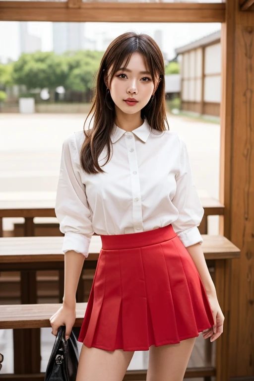 1womanl,Brown hair,Red ribbons ,((Impatient expression)),Beautiful breasts,White shirt,Red dress,well-styled,,(Facing the front)(((Blushing cheeks、embarassed expression)),(((The skirt is rolled up by the wind)))