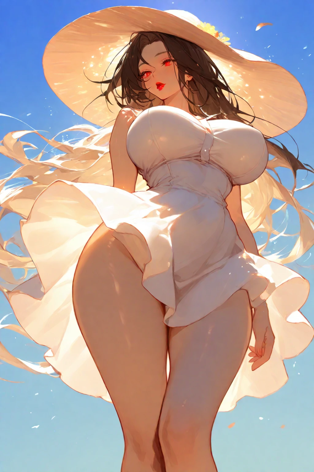 ((masterpiece, best quality)), Epic flower sea atmosphere,Delicate face,model,Desert Loulan,Western Regions style,whole body,Standing picture,glowing white eyes,Large Breasts,Perfect body proportions,Pure white background,firefly,Transparent sexy lingerie,High heel