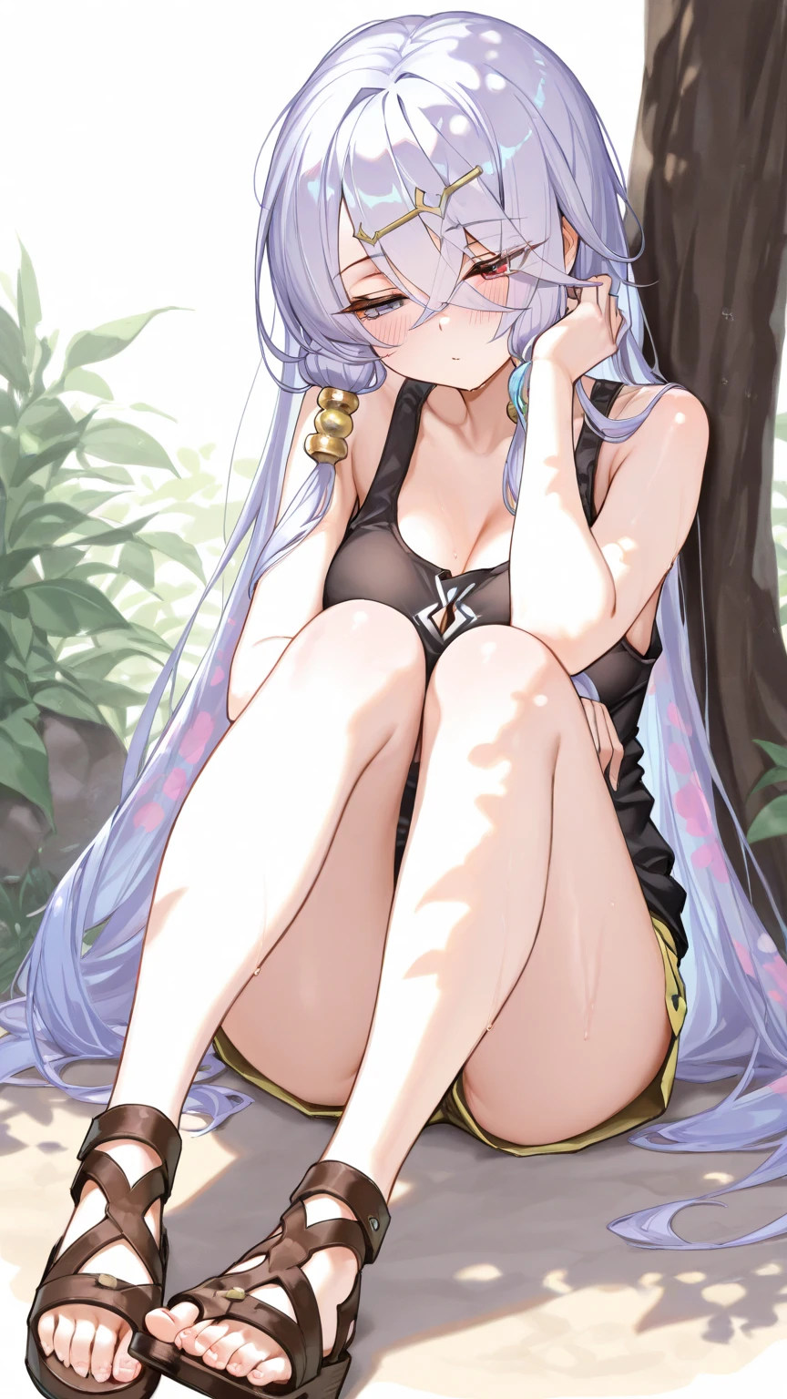 Masterpiece, Top Quality, High Definition, Cat Eared Girl, Long Hair, Purple Eyes, Hair Between Eyes, Bangs, Clavicle, Halter Neck, Breasts, Very Long Hair, Bikini, Small