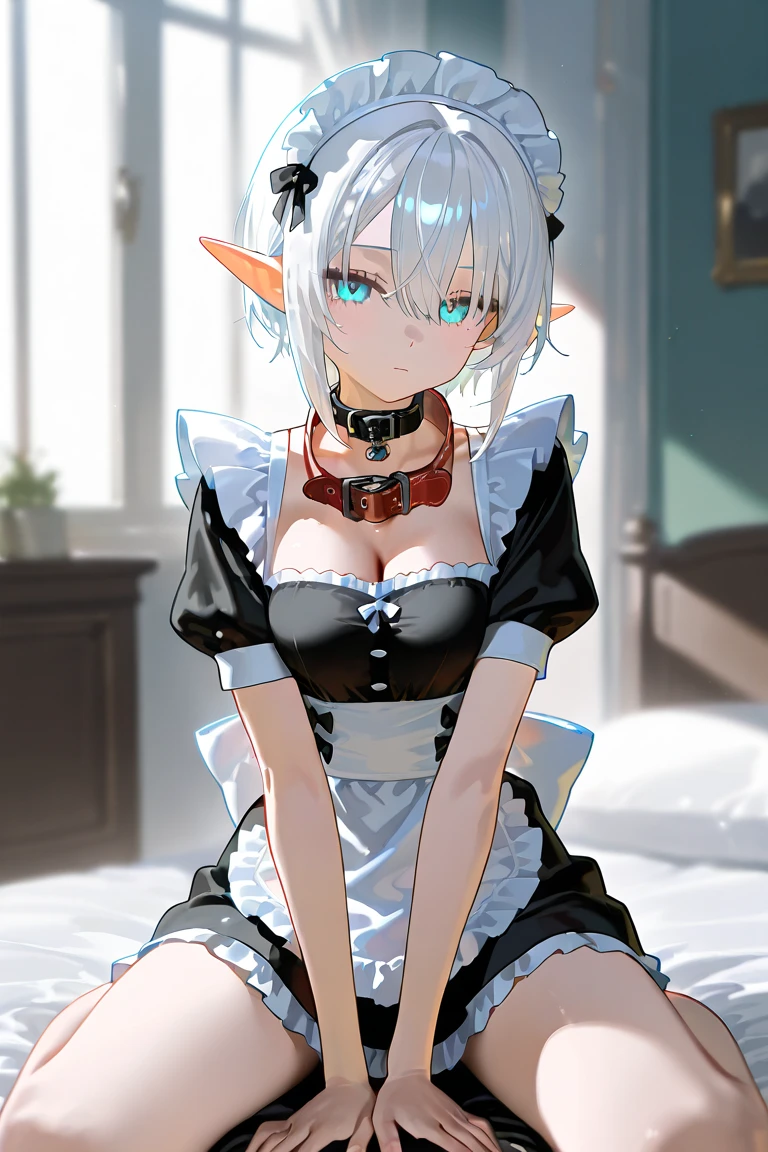 Bob Hair、White Hair、woman1name、Blue Eyes、、Navy blue maid outfit、White maid headband、Elf Ears、low length、