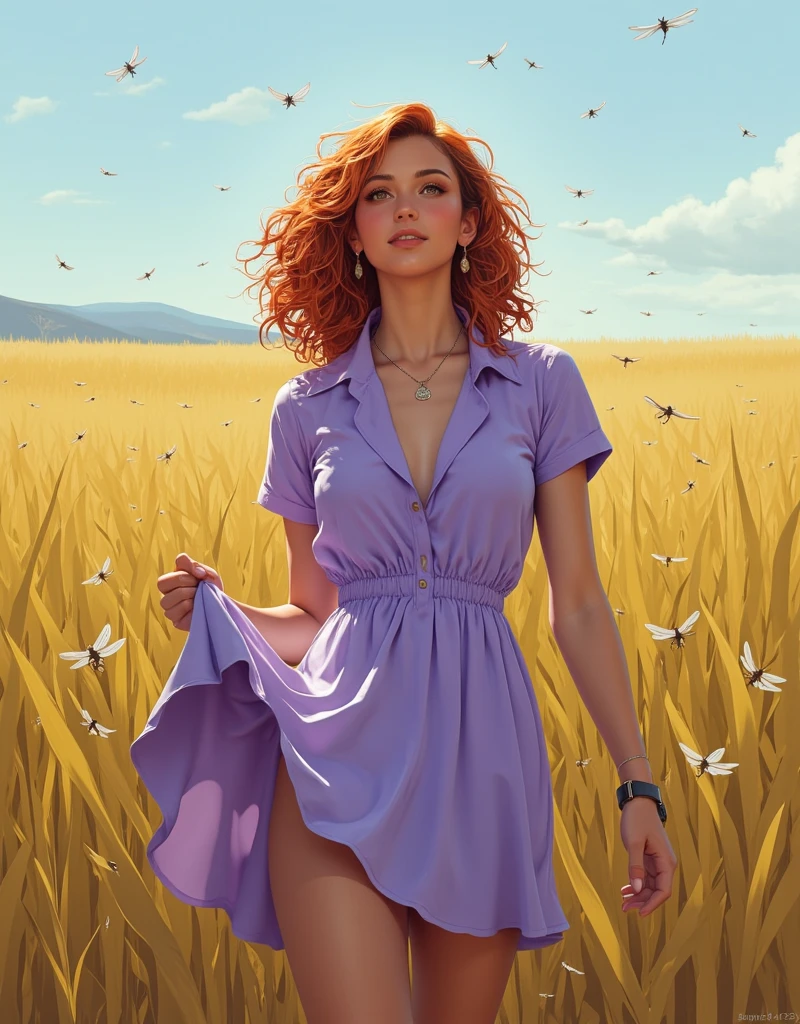 Salma Hayek, 1girl, solo, taken from behind, highly-detailed, standing straight up pose, dynamic pose, blue mini dress, white stockings, curvy, nice ass uses, ginger hair, ((intricate details)), detailed eyes, hdr, ((intricate details, hyperdetailed)), cinematic shot, vignette, in tall long wildflower field, forest in background, green tress, colorful flowers, sun setting over the horizon of the field, [(colors psychedelic explosion colorful paint:1.3)::0.25]