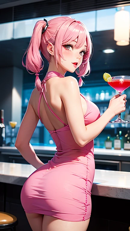 (masterpiece), best quality, expressive eyes, perfect face, (laboratory with cybernetic robots and test tubes background), (dancing), (big smile), (front view), (1girl, age 18+, Belle Delphine, fair skin skin, blonde hair, short hair, pigtails hairstyle, blue eyes, hourglass figure, thin body, skinny body, petite_body, small breasts, wide hips, thick thighs), (hot-pink v-neck minidress, hot-pink v-neck pleated minidress, exposed cleavage, sleeveless, white stockings),