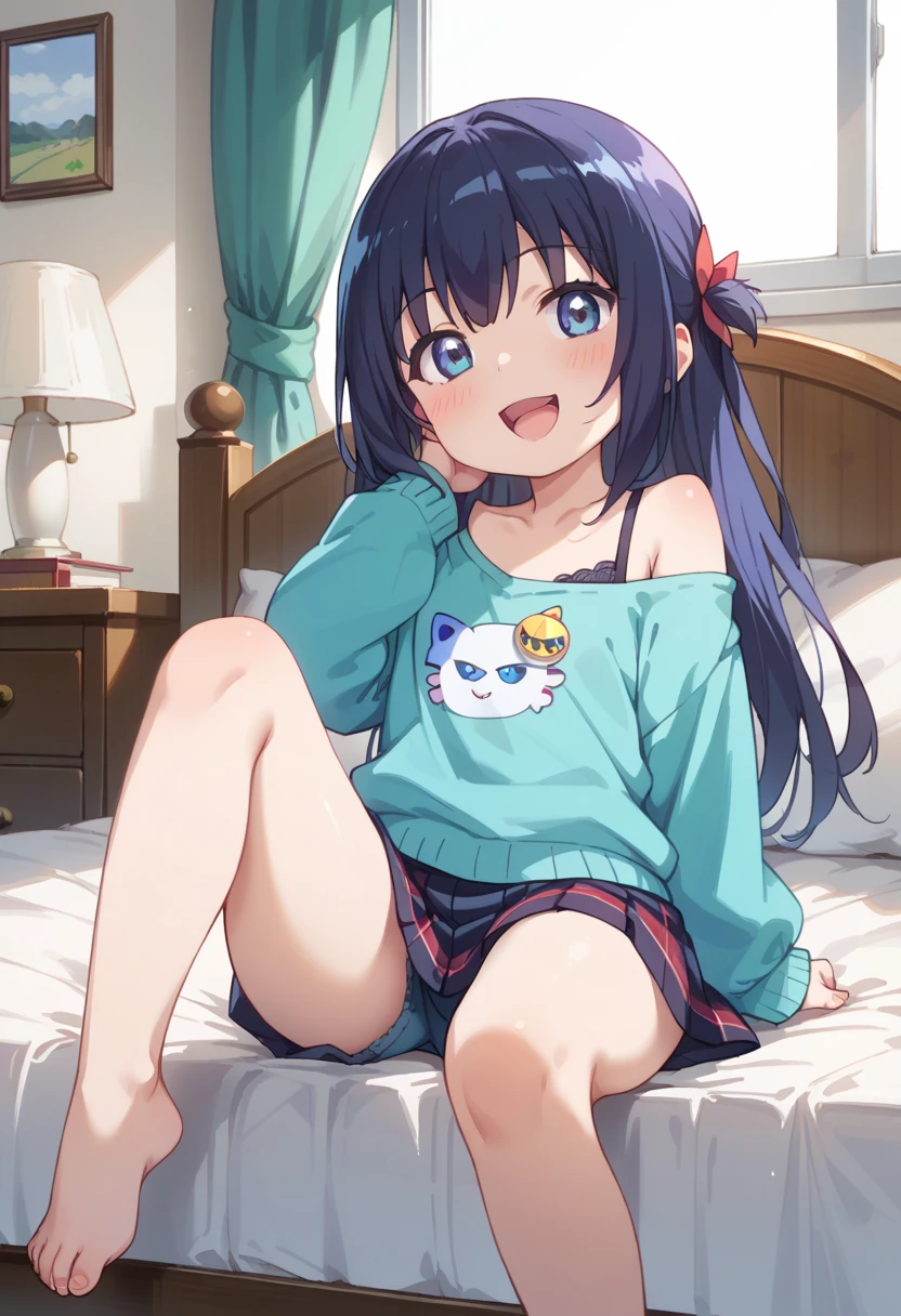 full body, 1 girl, dark blue hair, shoulder length hair, blue eyes, small breasts, living room, modern villa, detailed background, highres, highly detailed face, Detailed eyes, shy expression, blush, good proportions, looking forward, happy smile, sitting upright, sitting on sofa, princess, pajama shorts, baggy shirt, yellow star shaped hairpin,