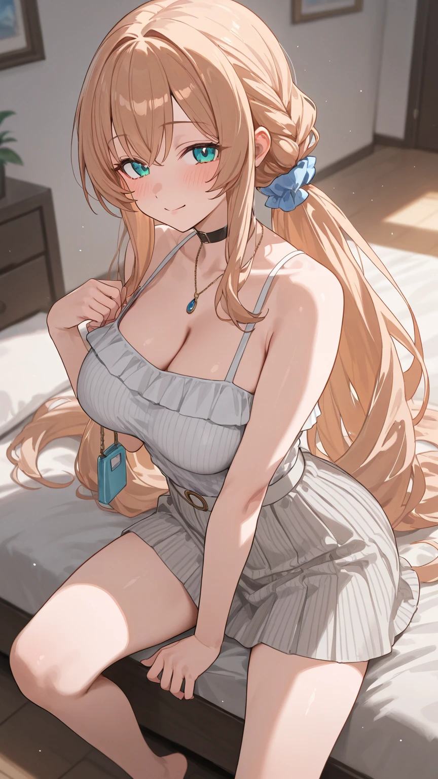 Very detailed、(8k, RAW Photos, highest quality, masterpiece:1.2), (Very detailed 8k wallpaper),shape、Professional Lighting,Sharp focus, Written boundary depth、
Browsing Caution、Clear Eyes、Perfect Anatomy、With a girl、Cute girl、beautiful girl、blonde、、、(blush:1.5)、Looking up、15 years old、White underwear、、denim micro mini skirt,、,Her plump thighs are in full view、Sleeping in bed、From below