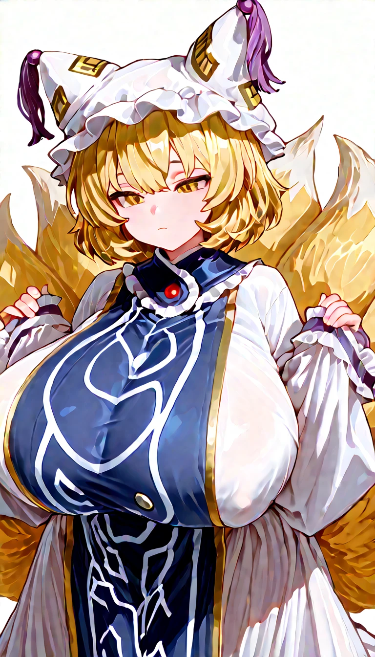 Huge boob, 1girl,smile, long nipple, small one white flower in head,side bun hair,brown eye,bangs,yellow hair,magic girl clothe,whole body,white background,short hair