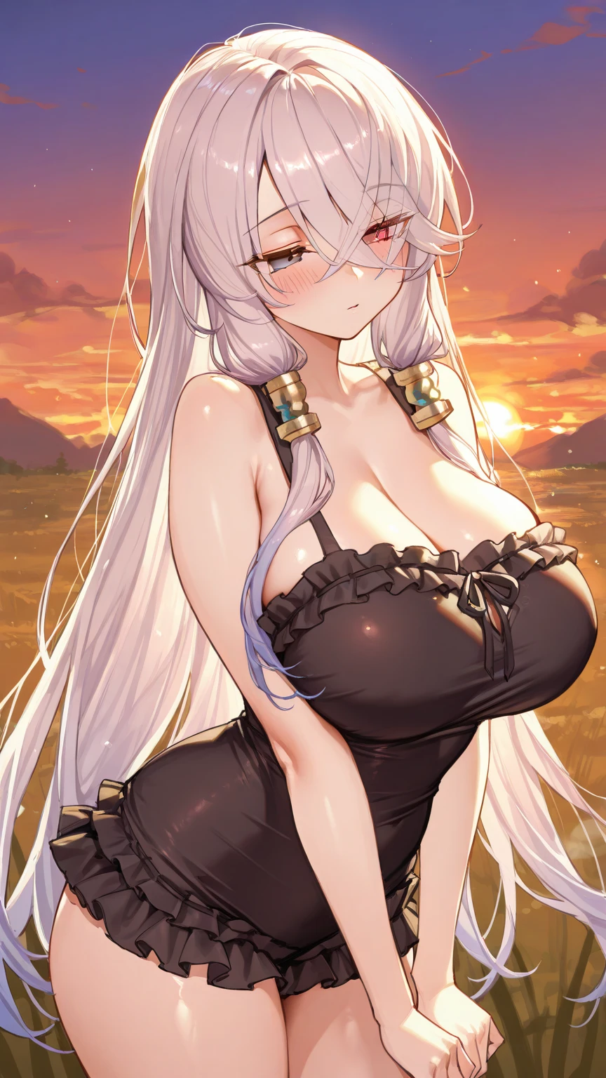 1个Giant Breast Girl, ((A MILF)), ((Dark skin)), White hair, the bride, Bridal outfit, ((tropical setting)), ((hair adornments)), ((Neck decoration)), ((((Extra large batonx))))