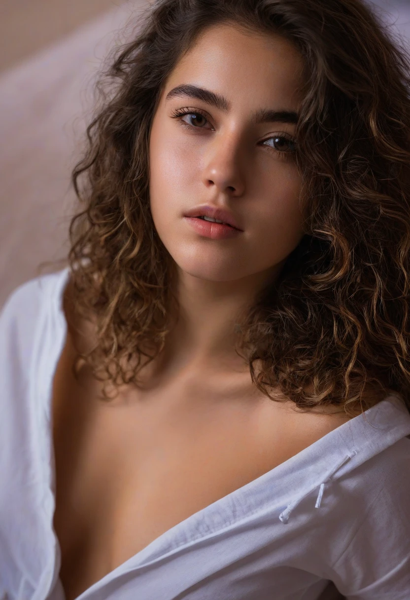 Detailed and realistic portrait of a beautiful 14 year old Latin girl with, yeux ronds, sombre, Curly hair caught inside, avec une robe bleu roi, look at camera, Chapped lips, doux sourire, soft natural lighting, Photographie de profil, Photographie magique, dramatic lighting, photorealism, Ultra detailded, Composition de portraits intimes, 1/2 photos de corps, (Nipslip_Dur:1.3), (Bordereau de pincement:1.3), backview, corps entier, petit cul, Culotte en string blanc, butt