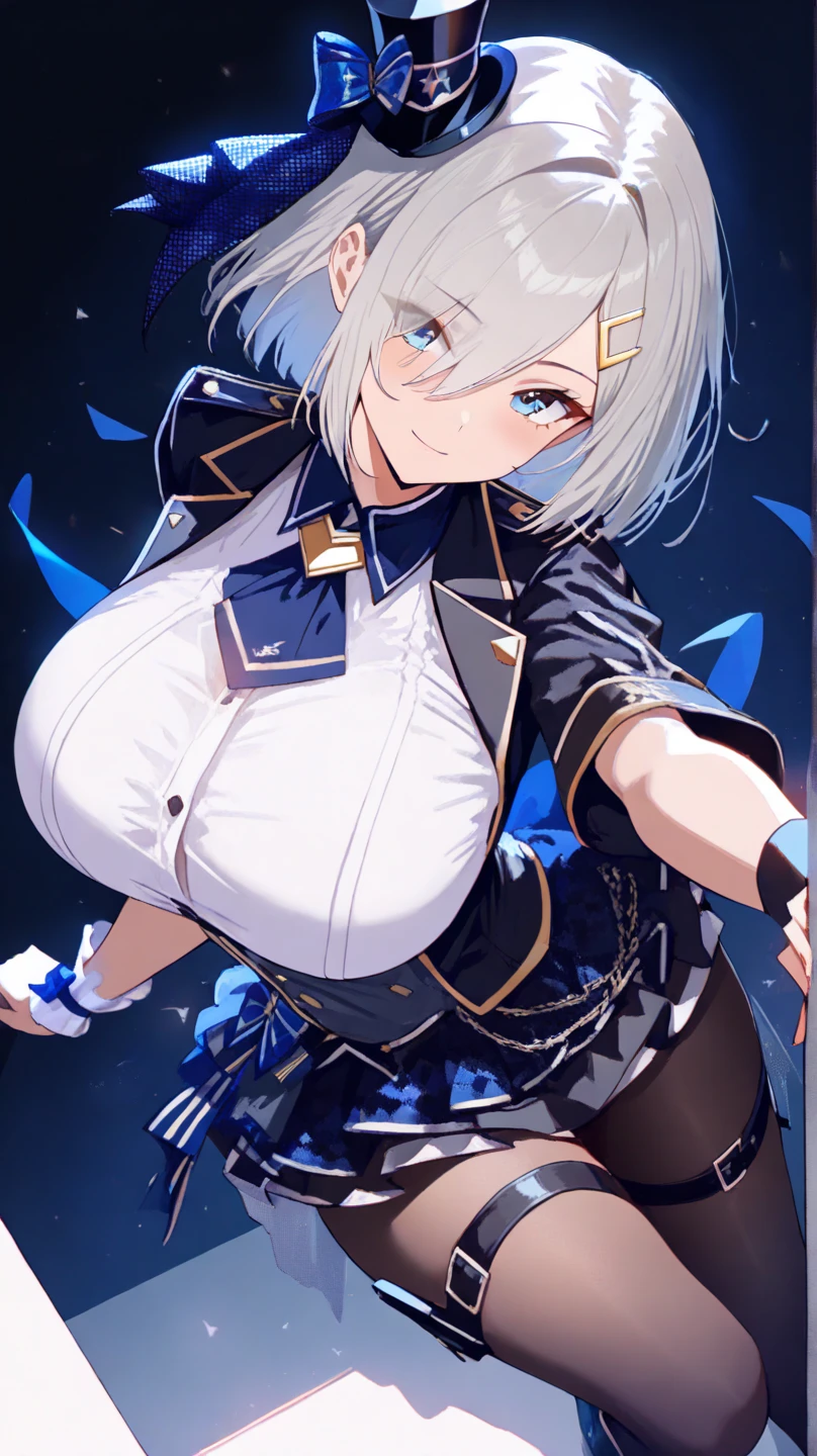 best quality, high resolution,Become a, cityscape, night,Looking at the audience, blue eyes,Short skirt,Medium-length white hair, Blue Hair,cape, White pantyhose,snowflake, Floral, jewelry, gem,shining, Thigh straps,huge 、huge breasts,4K screen,Dance,Showing breasts