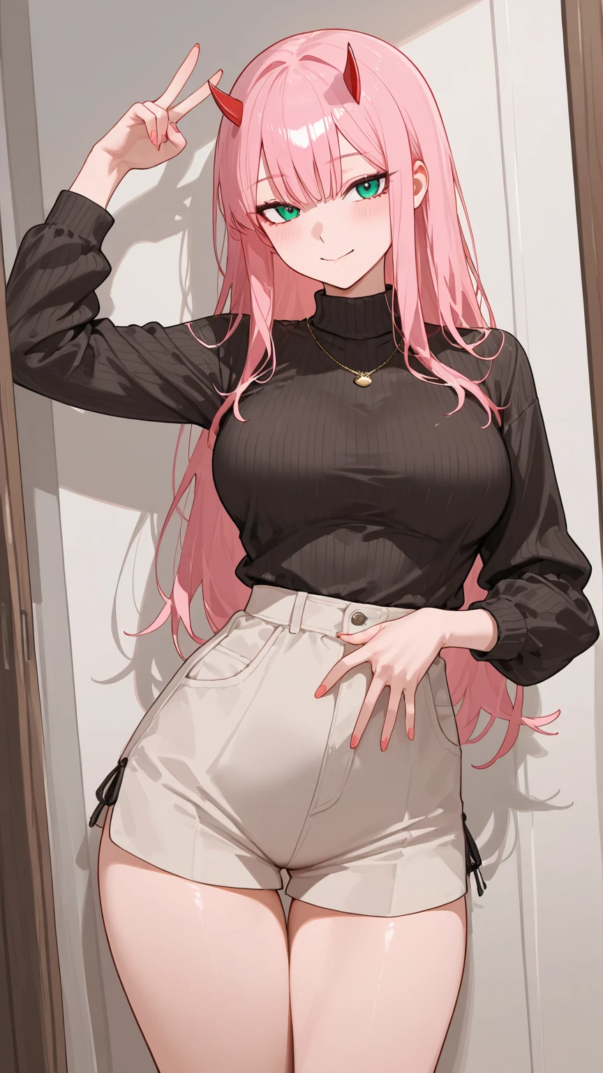 High resolution, Very detailed, perfect lighting, beautiful detailed eyes, ((masterpiece,Best Quality)), absurdities, alone, princess zelda, by the width, crown braid, Hair clip, pointy ears, pink shirt, long sleeves, Gloves without fingers, black gloves, Black pants, tight pants, smile, curves, nod, , deep neckline, deep neckline, bare breasts, bare breasts, NSFW, visible nipples, visible nipples , pink hair, pink hair, looking ahead, looking ahead, acercamiento, acercamiento