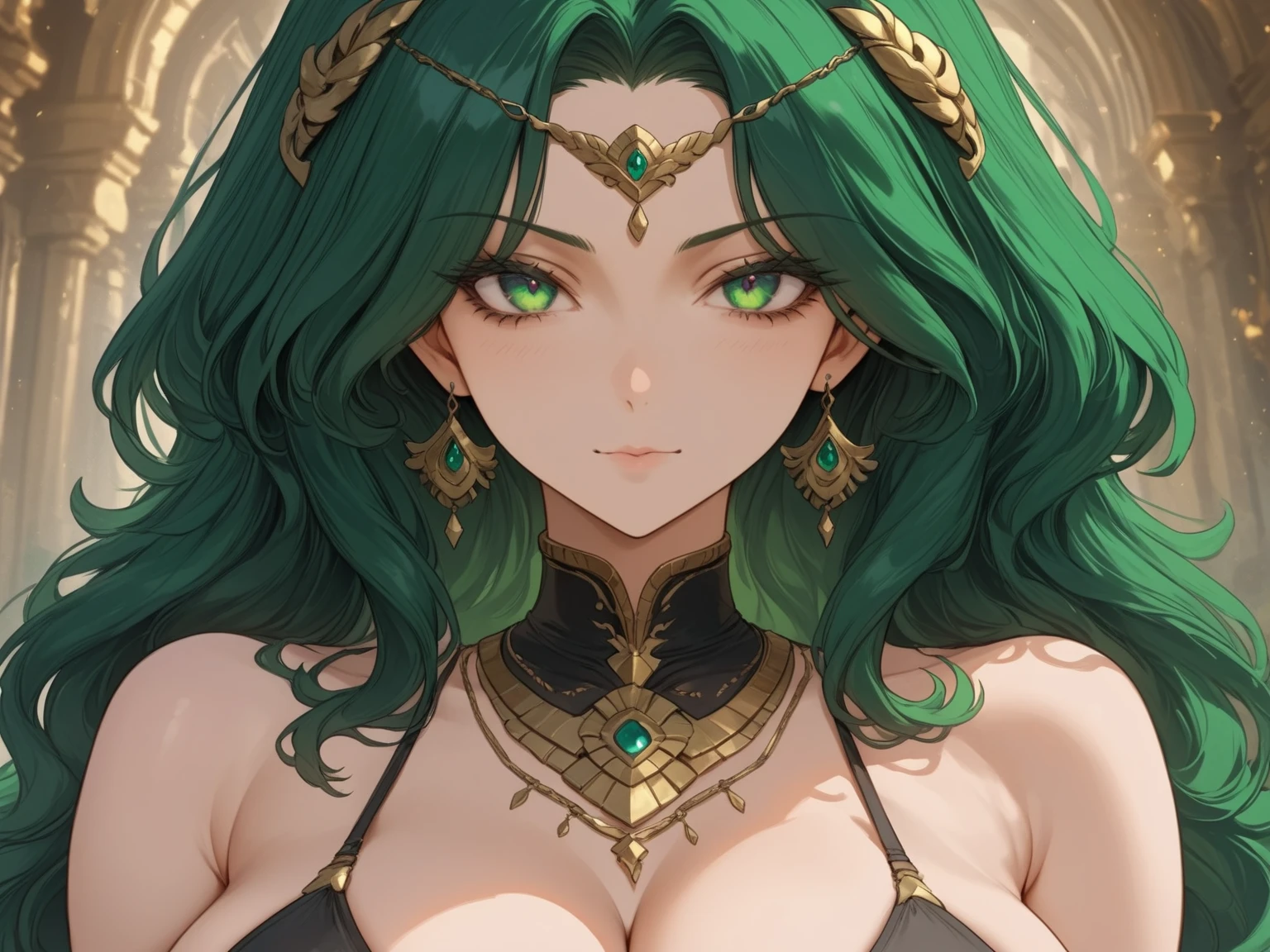 ((masterpiece)), (best quality), (ultra-detailed), (Powerful illustrations),(extremely detailed CG),(4k post processing is very detailed),(cowboy shot),(dynamic lighting),(caustics),(high resolution),20s, Egyptian, ebony skin, sorceress, fascinating woman, sexy woman, robes, Horus eyes, green hair, gold necklace, gold ring, mysterious atmosphere, Illuminati