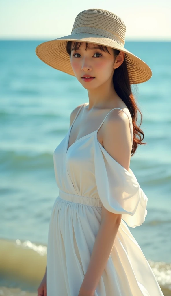 cute female idol, (21 years old:1.2), (8k, raw photo realistic:1.2), lovely idol, awesome smile, hair is light brown messy, thin legs, Posing for photos
BREAK
Wearing a white dress and sun hat, (very bright backlighting), (bathing in the sunset on the beach), white waves and sunset in the background, full body
BREAK
masterpiece, (best quality:1.2), ultra highres, (photorealistic:1.4), ((extremely perfect anatomy body parts)), realism, natural light, depth of fields, small mouth, Detailed Background, perfect composition, highly detailed, detailed face, extremely detailed, ultra-detailed, 8K wallpaper, extremely awesome detailed, dynamic lighting, deep shadows, photorealistic, realistic face, well-groomed face