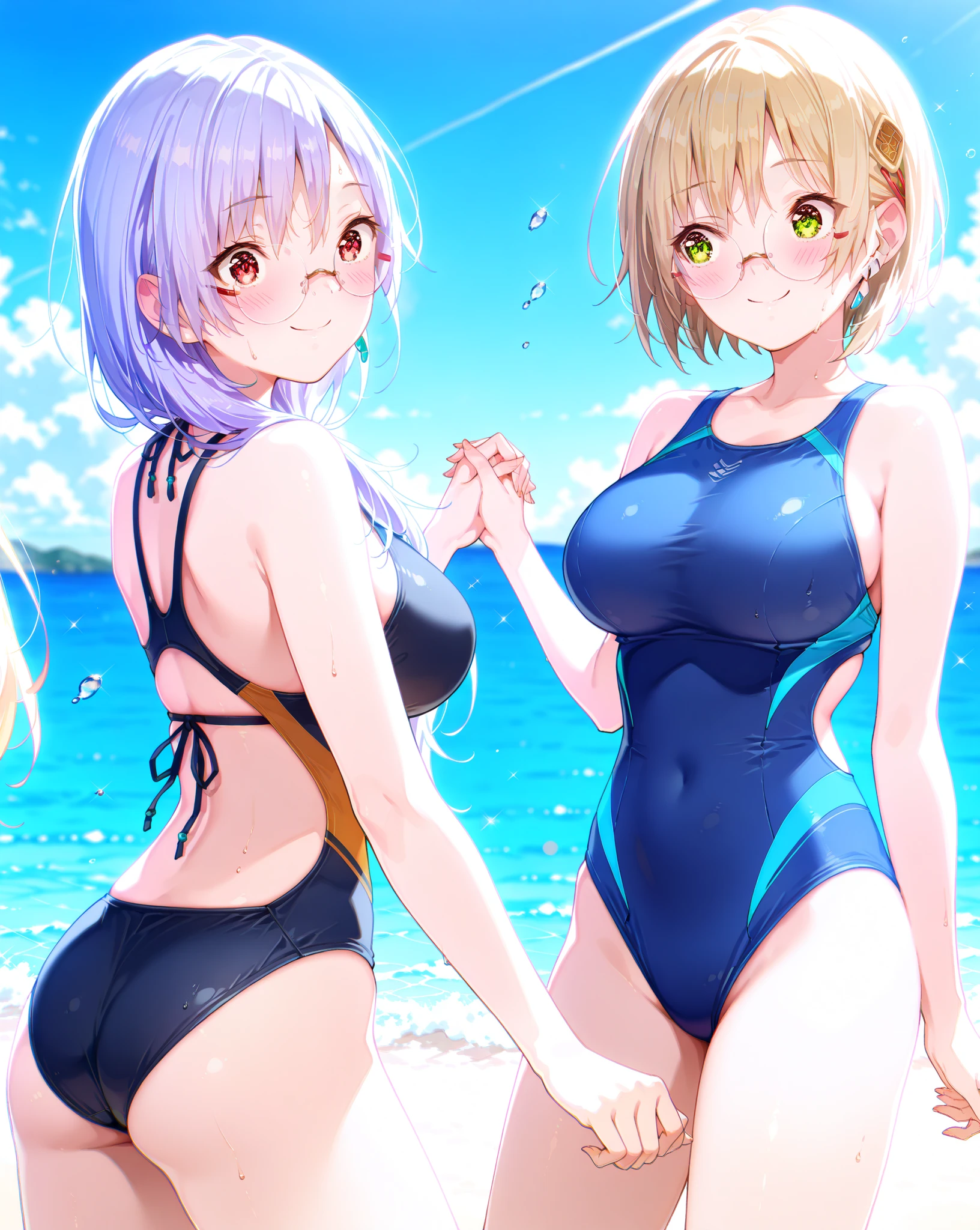 masterpiece 、best quality、ultra detailed 、(Re:zero)、two girls(Rem、blue hair、short hair)(rum、pink hair、short hair)、twins、16 years old、big breasts、White high-leg swimsuit with thin floral pattern、thighs wide open、wide open crotch、Nasty poses、sexual expression、mean look、beautiful breasts、beach、smile、cute face、cute、bouquet、