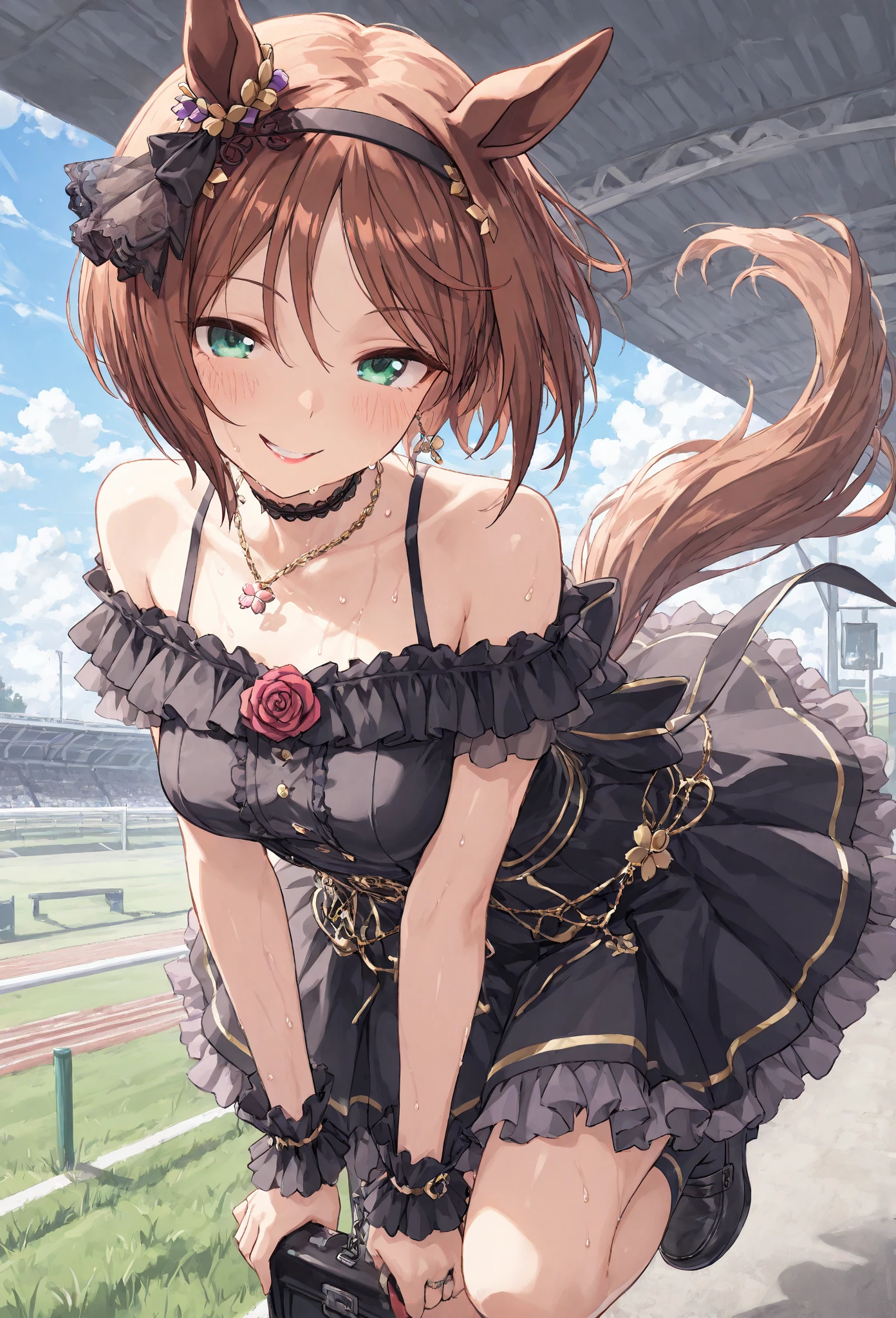 ((最high quality, 8K, masterpiece)), High resolution、（high quality: 1.5）、Very detailed、Detailed face、Bright colors、Natural light、Fine grain、Colorful eyes、Beautiful Face、非常にDetailed faceのテクスチャの女性,masterpiece, 最high quality, Detailed and beautiful eyes,最high quality、Best image quality、masterpiece、Mr.々Hairstyle,Just beautiful,独奏,smile,Very smiling,(small breasts),Super cute,Happy pose,Confetti,(Dazzling:1.3),(Win a race),(bless),(Toast),(Fictional Horse Girl),(Fictional Horse Girlのデザイン),New Uma Musume design,Dress up,(Frills),skirt,Knee-high,Competition clothes,accessories,Horse ears,Horse tail,Posing,Dynamic Composition,field,masterpiece,最high quality、so beautiful、High resolution,((Glamorous Body)))(masterpiece:1.2)、(最high quality:1.2)、Latest Glossy Skin