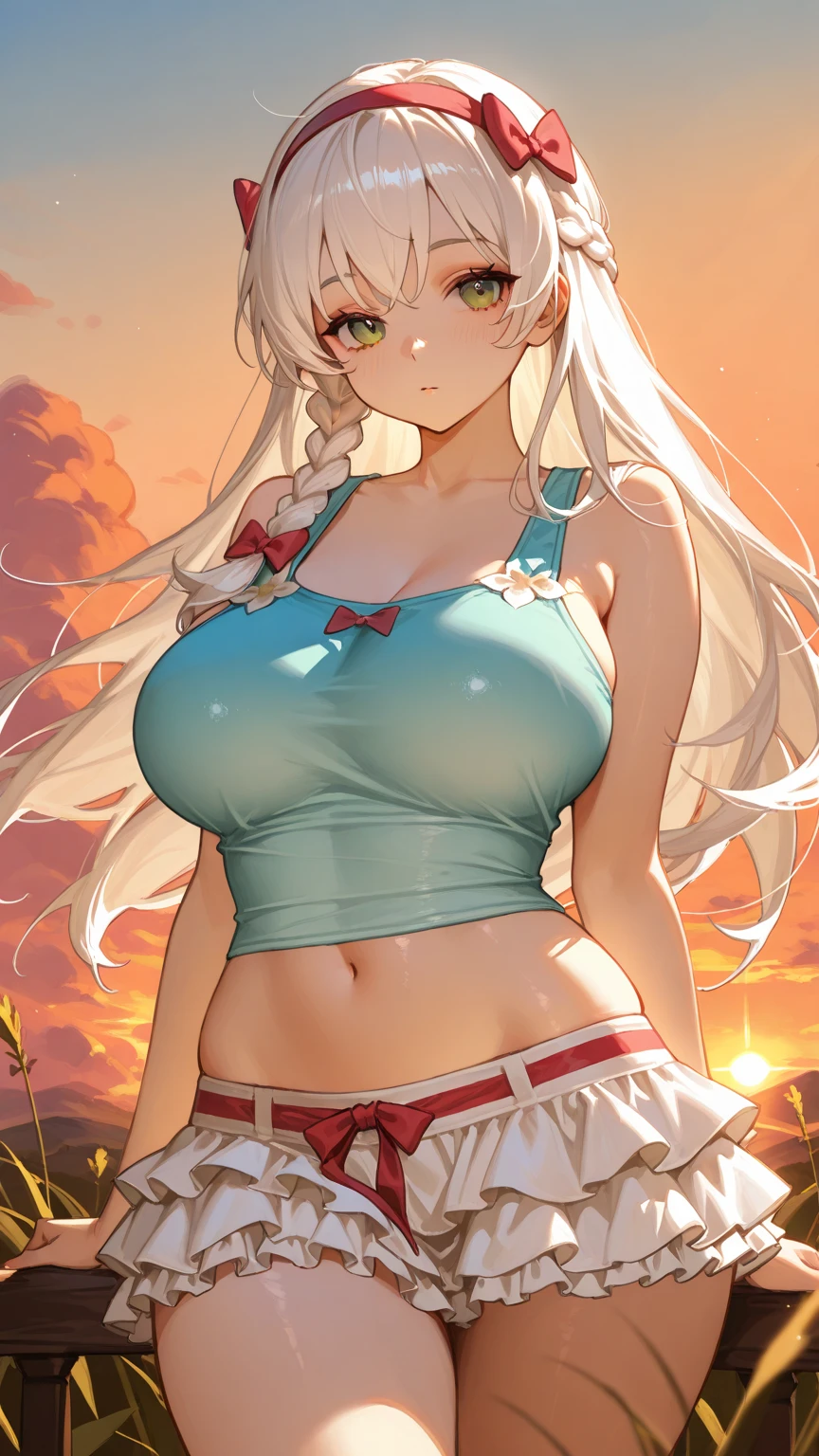 (best quality:1.5, highres, UHD, 4K, detailed lighting, shaders), white wavy hair, gradient hair, cat ears, large breasts, woman small shirt, small skirt, white panties, white skirt, (pov), full body, white background, colorful eyeshadow, dramatic lighting, sparkling eyes, confident expression, golden earrings, flowing hair, delicate facial features, dark skinned, high cheekbones, stylish clothing, urban setting, white background