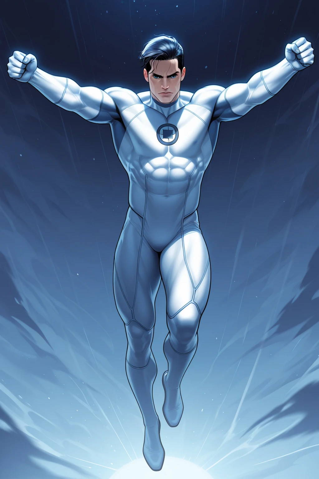 full body photorealistic An Alien handsome hunky masculine man from Krypton. Dark hair , Super Athletic body. translucent eyes and prominent cheekbones. Wearing a form-fitting white biomorphic bodysuit. With embossed crescent moon on the chest, Futuristic Kryptonian background. intricate details, beautifully shot, hyperrealistic, sharp focus, 64 megapixels, perfect composition, high contrast, cinematic, atmospheric