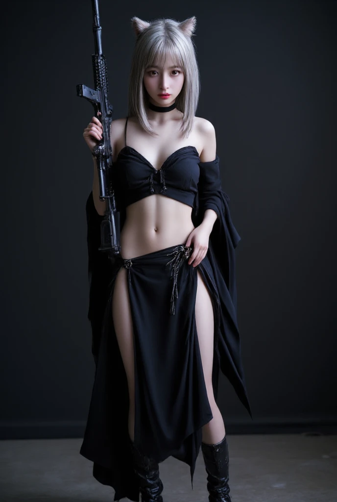 A woman holding a sniper rifle, wearing a black sexy wedding dress, body tattoos, silver hair, dark Gothic queen, full body photo