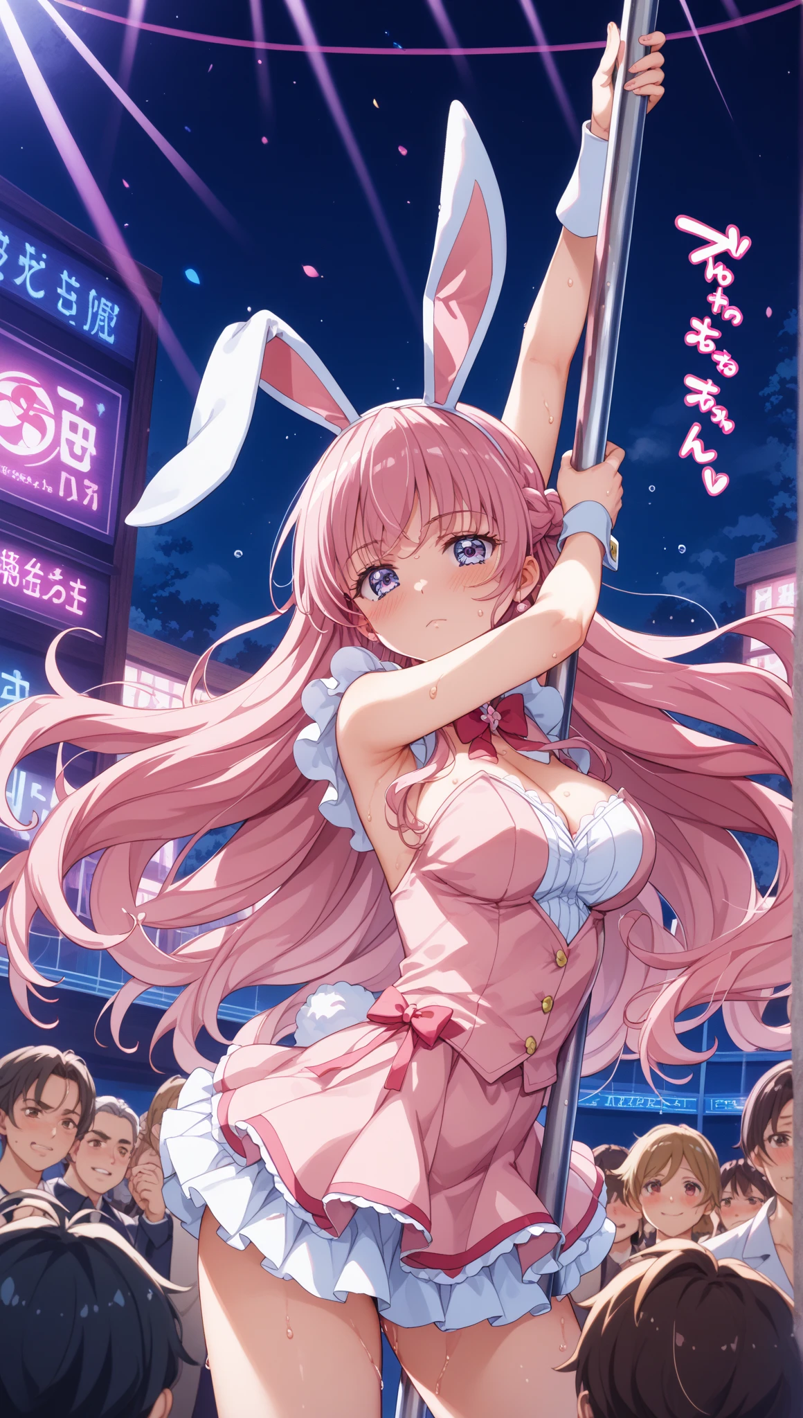 (:D:1.2),One girl. (masutepiece, of the highest quality, Kyoto Animation Style Illustration, of the highest quality, Official art, aesthetics, Beautiful details, :1. 2), BREAK, (17 years old girl), Very detailed, colourfull, highest details, BREAK, (medium breasts),(Orange Eyes:1.2),(girl, Cute, Graceful, Loli face,Pink hair,a short bob,tareme, gleaming skin, Hugging a stuffed rabbit, Playboy Bunny,(Suit Style, Short suit skirt,Long lace white gloves wet with sweat, Black cardigan:1.1), High socks with pink and yellow stripes,Pink Bunny Years Hair Band,BREAK,Waving hands,Standing with a smile,(closes mouth),Open legs,Angle from below,The skirt turns over in the wind,Strap panties visible,BREAK,In front of the convenience store cash register,Being in front of the cash register,Have new pants,Multiple guests,The high school boy behind me is embarrassed,Female clerk with puzzled face,