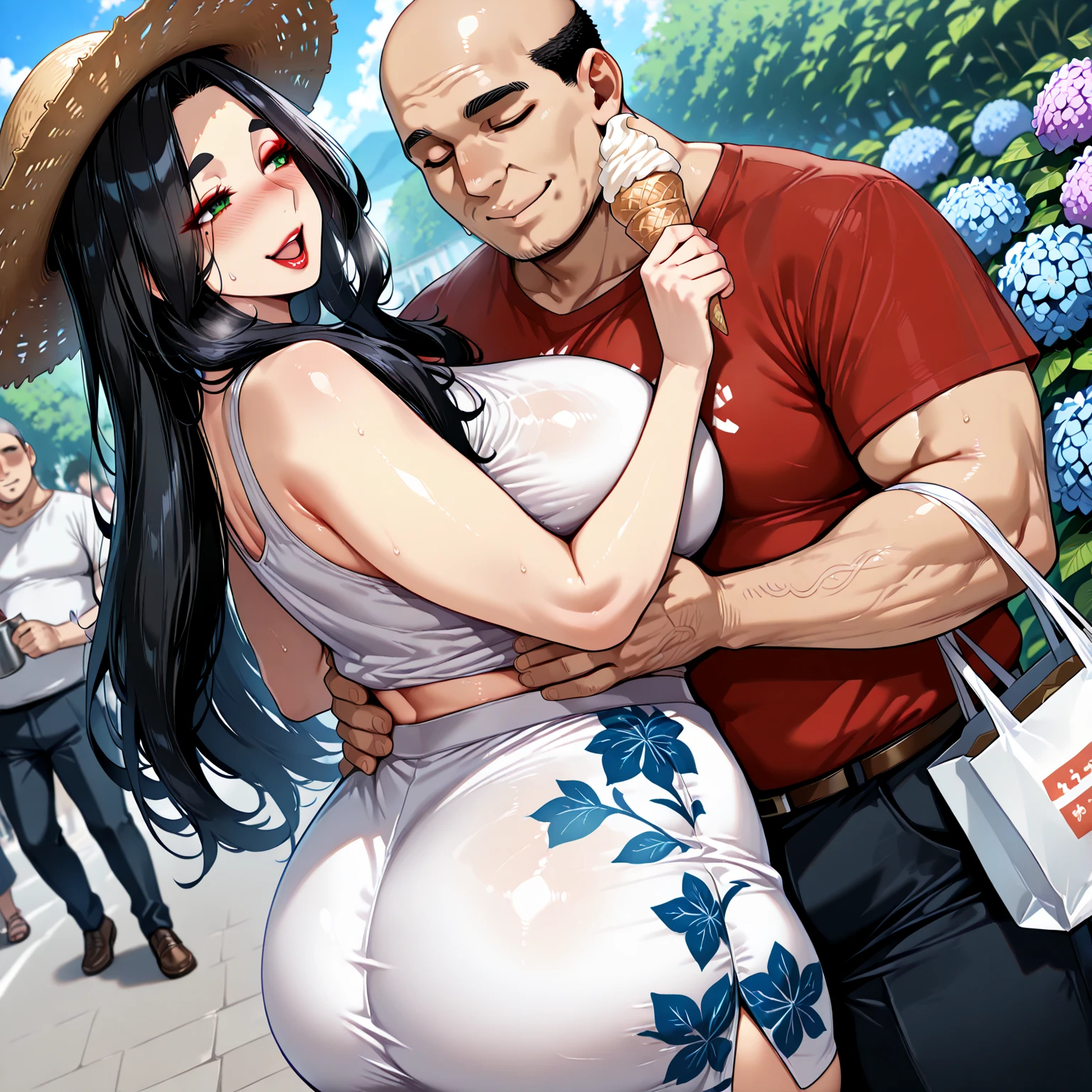 Hot sexy beautiful milf mom  hugging with ugly fat old man while wrapping her on leg around him, cleavage, black sarong bikini,slender body, detailed lips rings ,black  hair,black eyes,white sun glasses on head, detailed , big  hoops earrings , alluring face, smiling, necklace , red lipstick ,two hair ponytail 