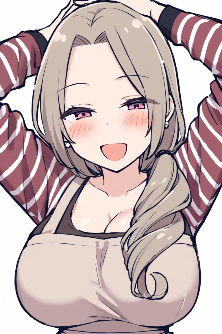 masterpiece, best quality,hahaoya,1girl, solo,pink eyes,, bangs, jewelry,large breasts, arms up, blush,earrings, shirt, cleavage,long sleeves, hair over shoulder, open mouth, striped shirt, smile,apron, striped, half-closed eyes, upper body, white background, simple background, 
<lora:hahaoya e1-000009:0.75>