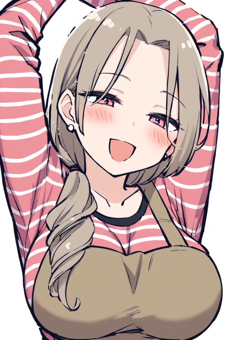 masterpiece, best quality,hahaoya,1girl, solo,pink eyes,, bangs, jewelry,large breasts, arms up, blush,earrings, shirt, cleavage,long sleeves, hair over shoulder, open mouth, striped shirt, smile,apron, striped, half-closed eyes, upper body, white background, simple background, 
<lora:hahaoya e1-000009:0.75>