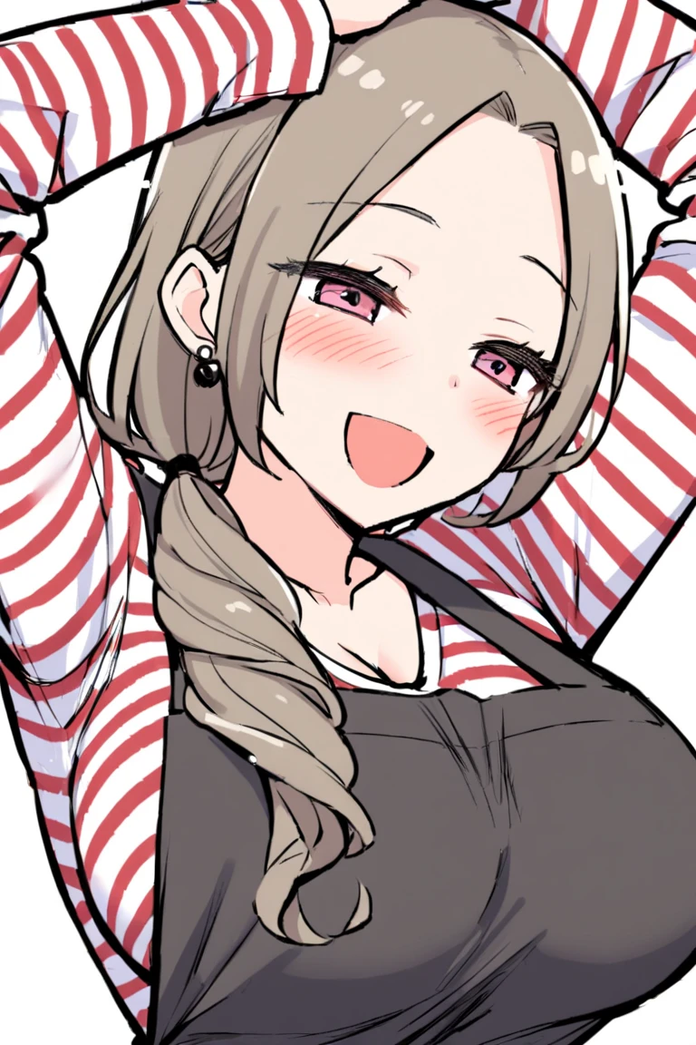 masterpiece, best quality,hahaoya,1girl, solo,pink eyes,, bangs, jewelry,large breasts, arms up, blush,earrings, shirt, cleavage,long sleeves, hair over shoulder, open mouth, striped shirt, smile,apron, striped, half-closed eyes, upper body, white background, simple background, 
<lora:hahaoya e1-000009:0.75>